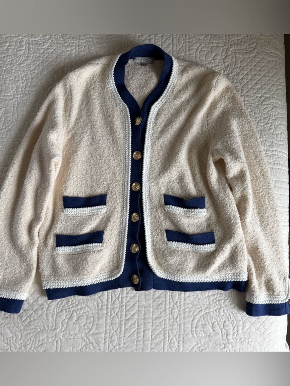 J. Crew Cream Bouclé Cardigan with Navy Trim and Gold Buttons